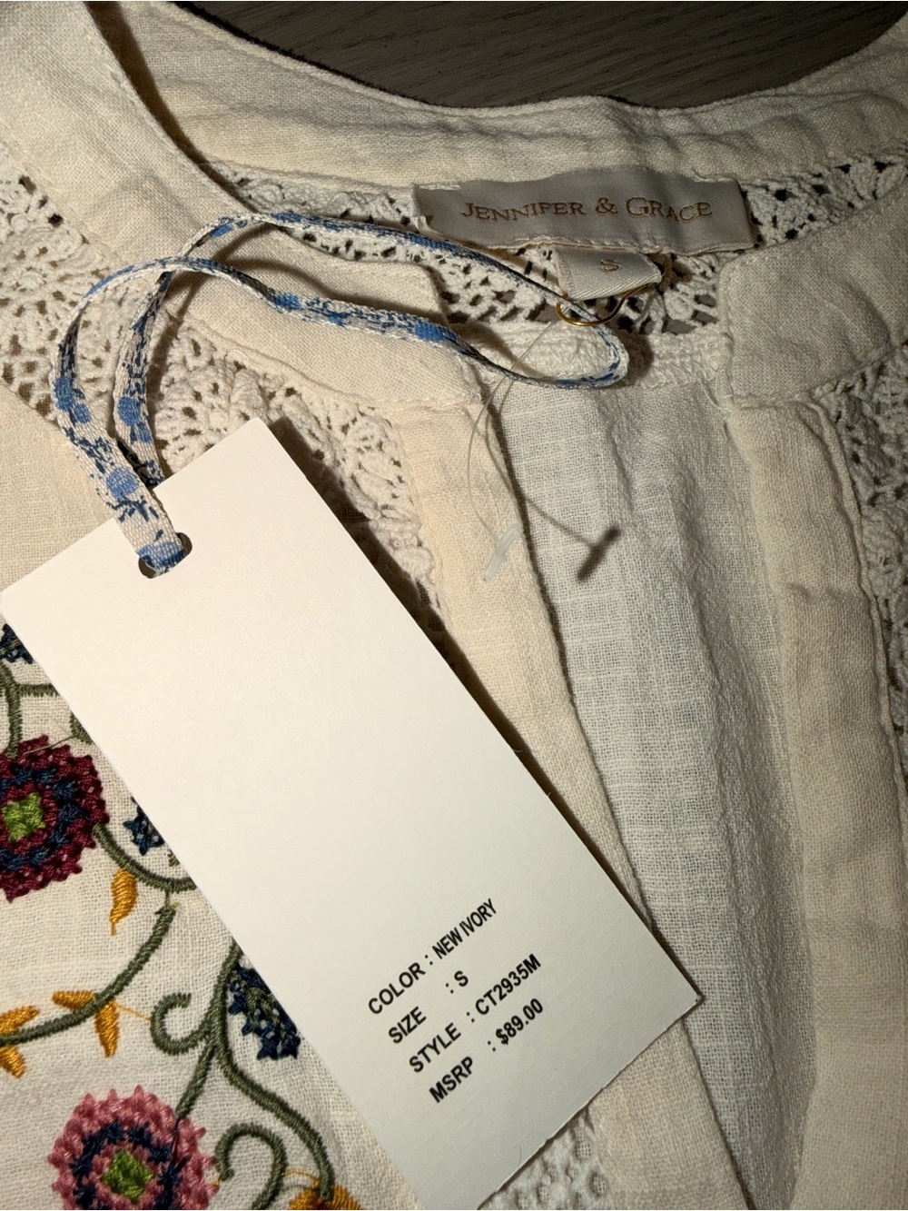 Jennifer & Grace Embroidered Cream Button-Front Peasant Blouse - Picture 5 of 5
